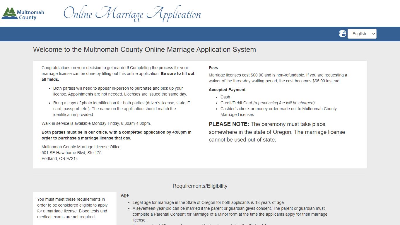 Online Marriage Application - Multnomah County, Oregon