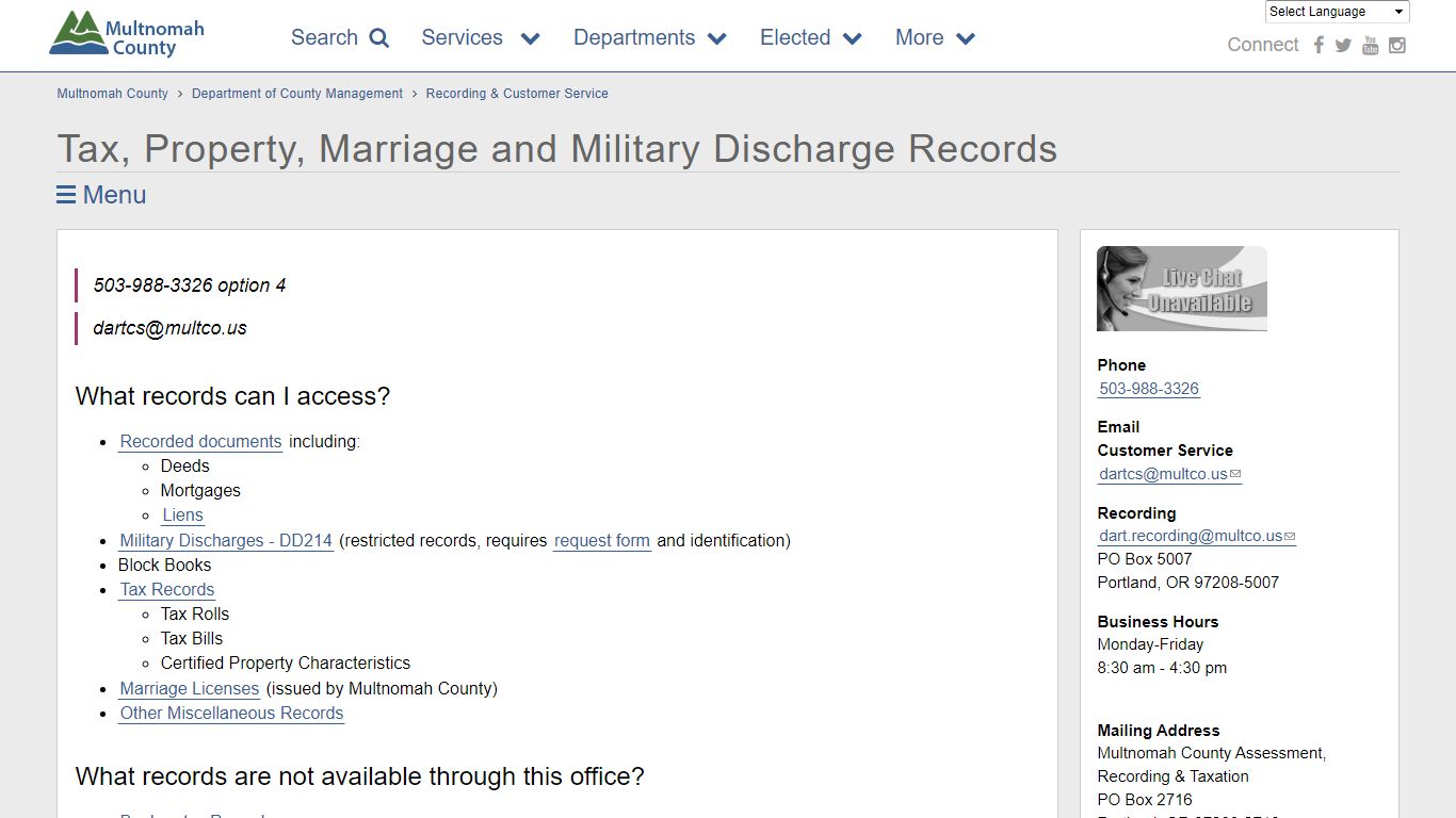 Tax, Property, Marriage and Military Discharge Records - Multnomah County